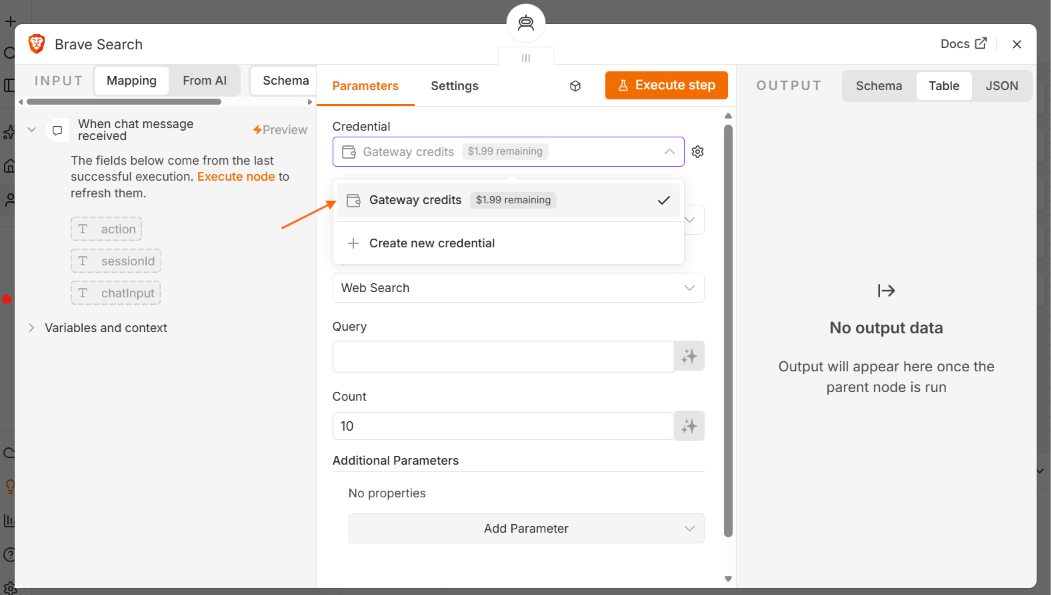 Select Gateway credits in the Credetial dropdown